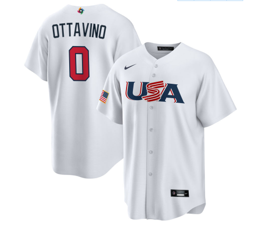 Men's USA Baseball #0 Adam Ottavino 2023 White World Baseball Classic Stitched Jersey